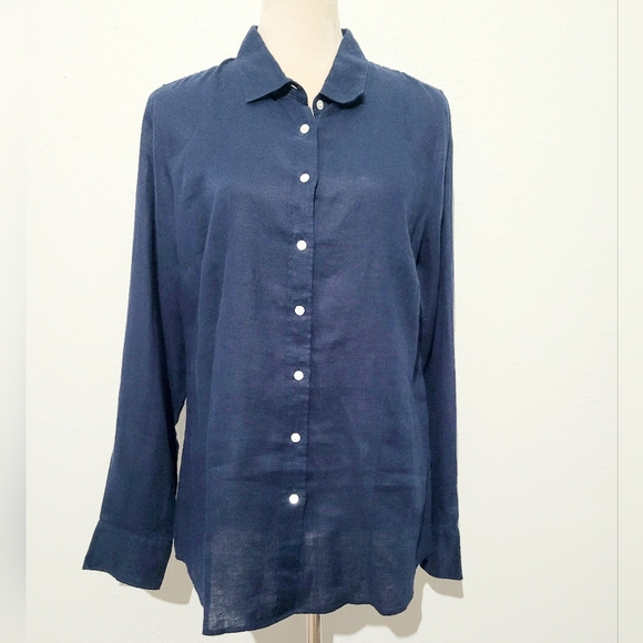 J.Crew Perfect Shirt 100% Linen Navy Blue Women’s Size 10 Button Front NEW - Picture 1 of 13